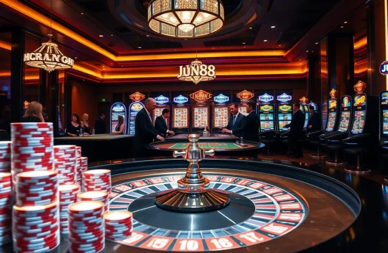 Players enjoying a thrilling roulette game at Jun88 casino, showcasing excitement and professionalism.