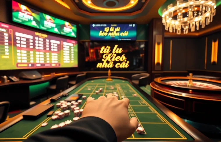 A gambler reviewing tỷ lệ kèo nhà cái in a vibrant casino scene, filled with betting excitement.
