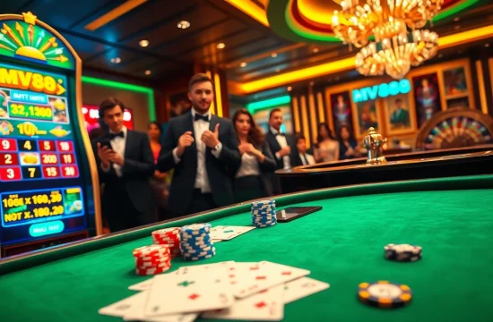 Players enjoying a thrilling game at MV88 casino with vibrant slot machines and roulette.