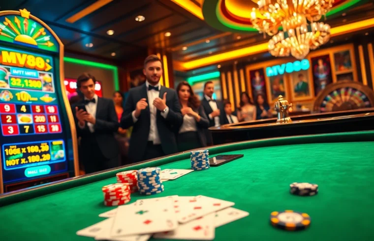 Players enjoying a thrilling game at MV88 casino with vibrant slot machines and roulette.