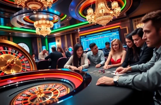 Experience the excitement of gambling at ee88win.net with a lively casino scene featuring poker and roulette.