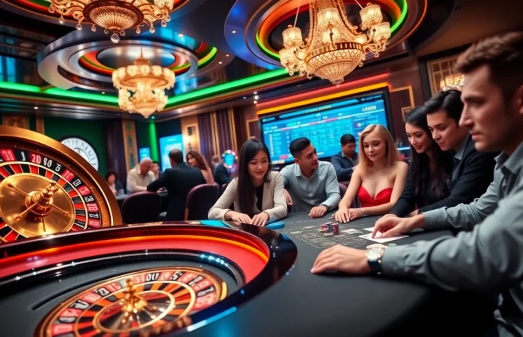 Experience the excitement of gambling at ee88win.net with a lively casino scene featuring poker and roulette.