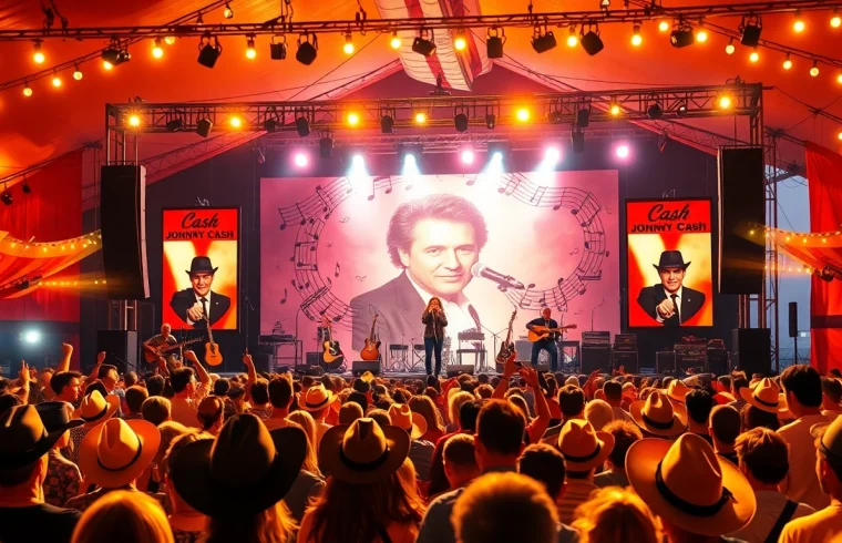Celebrate Johnny Cash's legacy at a vibrant festival showcased on johnnycashbirthday.com with energetic concert visuals.