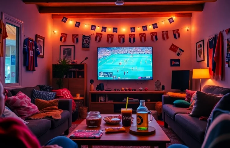 Exciting football viewing experience at home with joemadfan.com, showcasing vibrant memorabilia and a live game.