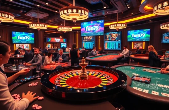 Experience the excitement of fun79 at a virtual casino with players and vibrant gaming elements.
