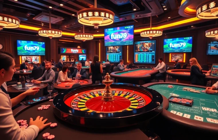 Experience the excitement of fun79 at a virtual casino with players and vibrant gaming elements.