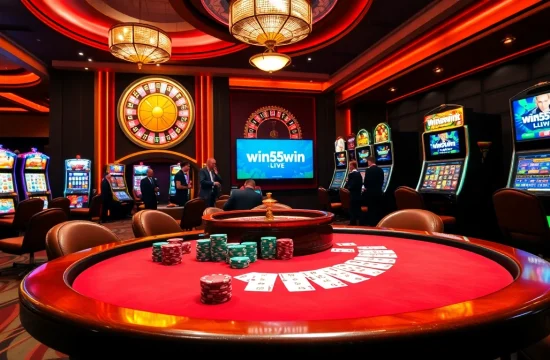 A thrilling view of a luxurious casino featuring a poker table with chips, cards, and the online interface of win55win.live, evoking excitement.