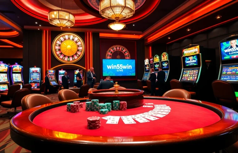 A thrilling view of a luxurious casino featuring a poker table with chips, cards, and the online interface of win55win.live, evoking excitement.