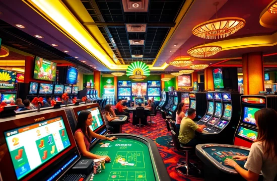 Vibrant gaming scene depicting excitement at luck8win.live casino with players and games.