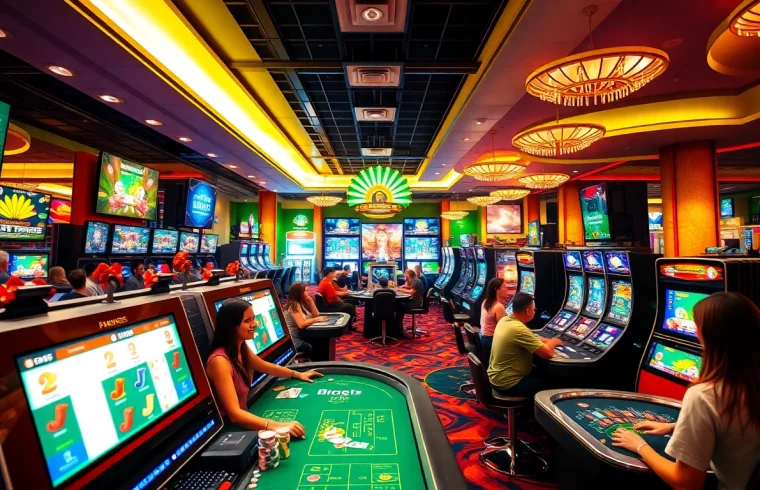 Vibrant gaming scene depicting excitement at luck8win.live casino with players and games.