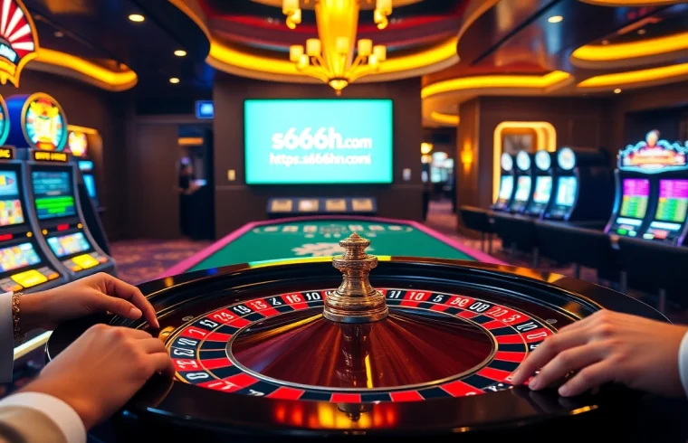 A thrilling scene at https://s666hn.com/ showcasing an elegant roulette table surrounded by excitement and vibrant gambling activities.