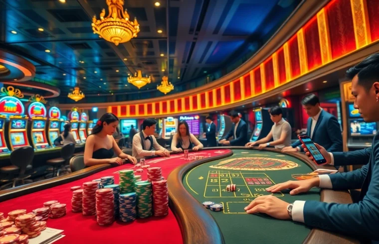 Bong88 gamers placing bets at a luxurious casino table with colorful chips and lively atmosphere
